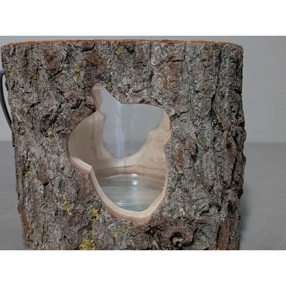 Rustic Tree Bark Log Candle Holder Lantern with Acorn Cutout & Glass Insert